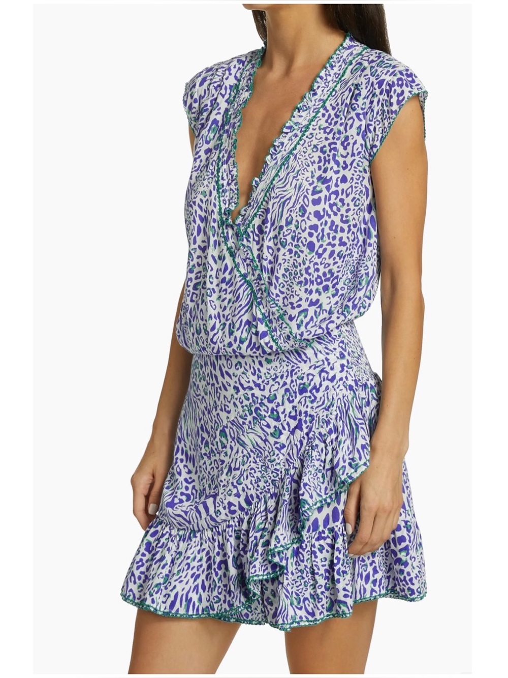 Poupette St Barth Women’s Sz M Animal Print Mini Dress Estel Blue White Ruffle - Picture 1 of 16